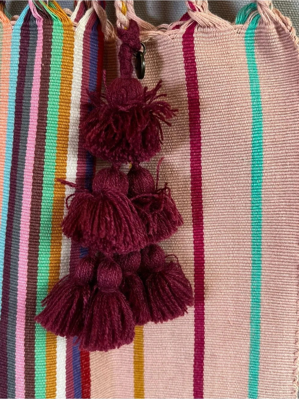Boho ColorfulStriped Braided Handle Tote Bag w/Tassels WovenTexture BeachSummer